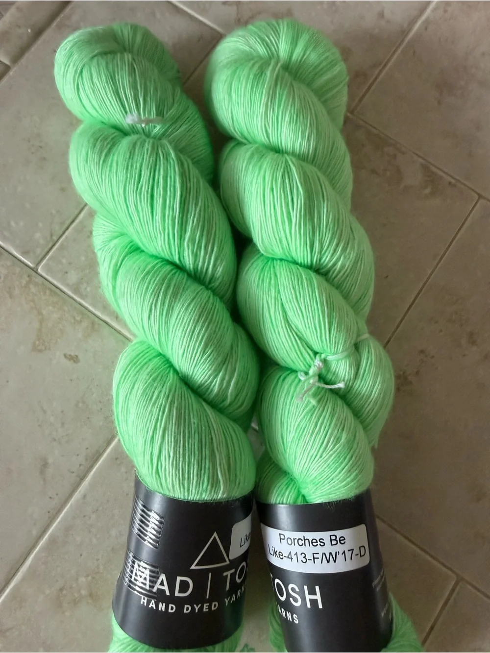 Mad Tosh Yarn Skeins in Bright Mint Green - 2 Hanks
